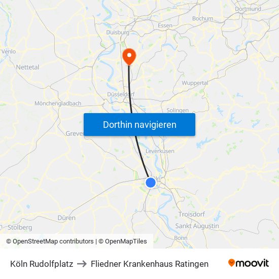 Köln Rudolfplatz to Fliedner Krankenhaus Ratingen map