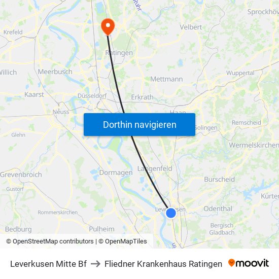 Leverkusen Mitte Bf to Fliedner Krankenhaus Ratingen map