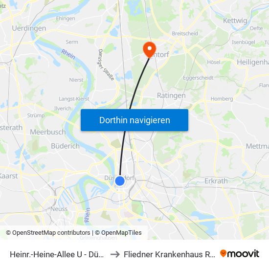 Heinr.-Heine-Allee U - Düsseldorf to Fliedner Krankenhaus Ratingen map