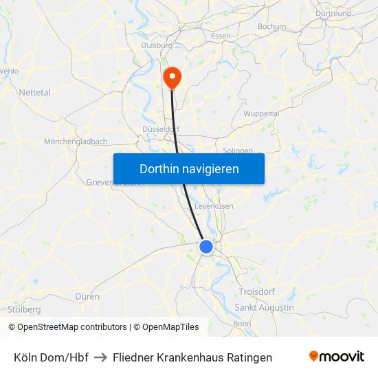 Köln Dom/Hbf to Fliedner Krankenhaus Ratingen map