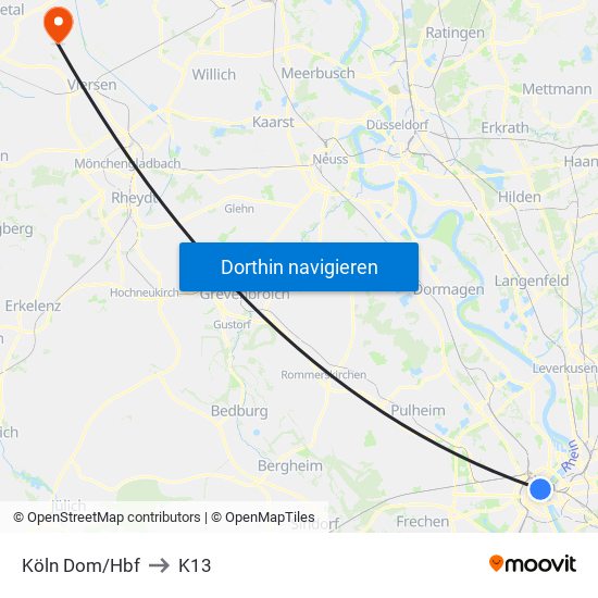 Köln Dom/Hbf to K13 map