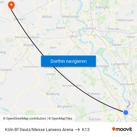 Köln Bf Deutz/Messe Lanxess Arena to K13 map