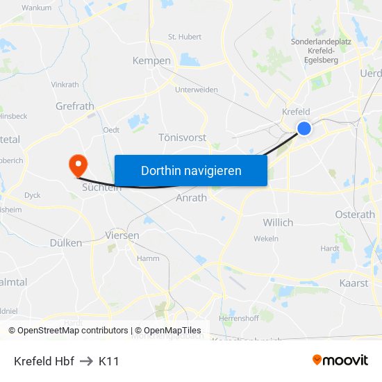 Krefeld Hbf to K11 map