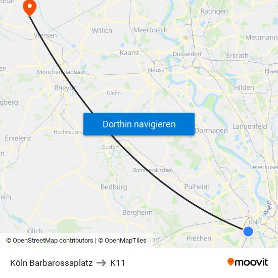 Köln Barbarossaplatz to K11 map