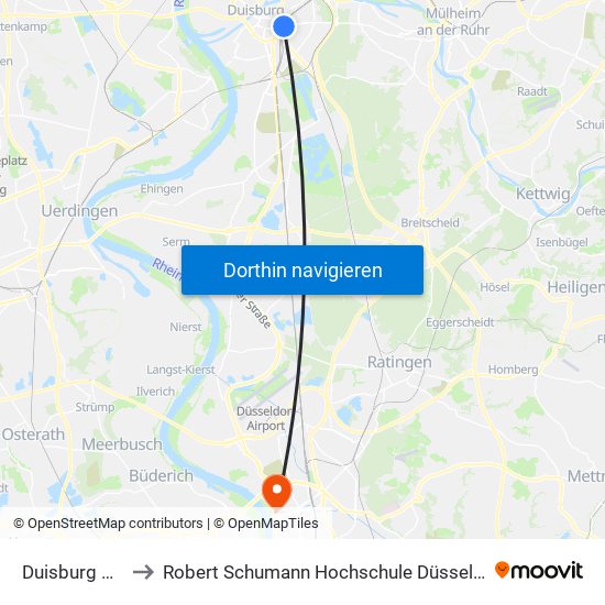 Duisburg Hbf to Robert Schumann Hochschule Düsseldorf map