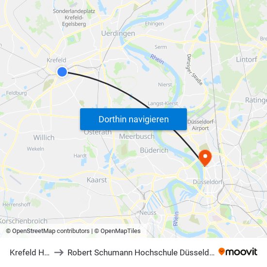 Krefeld Hbf to Robert Schumann Hochschule Düsseldorf map