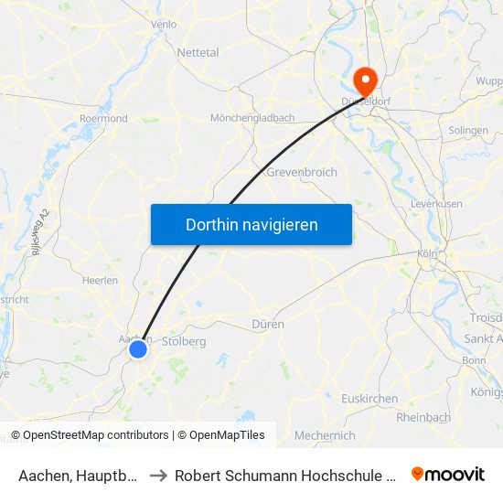 Aachen, Hauptbahnhof to Robert Schumann Hochschule Düsseldorf map