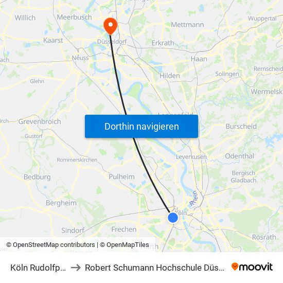 Köln Rudolfplatz to Robert Schumann Hochschule Düsseldorf map