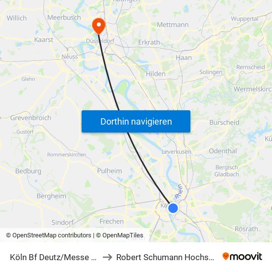 Köln Bf Deutz/Messe Lanxess Arena to Robert Schumann Hochschule Düsseldorf map