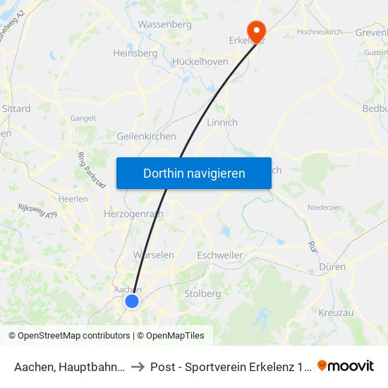 Aachen, Hauptbahnhof to Post - Sportverein Erkelenz 1972 map