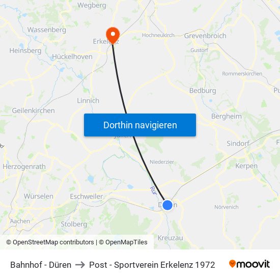 Bahnhof - Düren to Post - Sportverein Erkelenz 1972 map