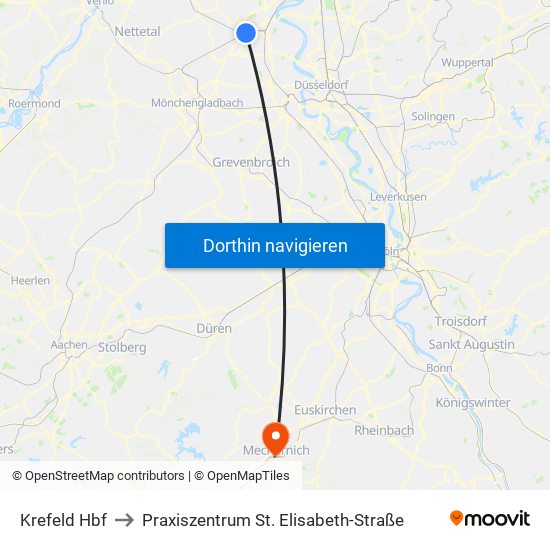 Krefeld Hbf to Praxiszentrum St. Elisabeth-Straße map