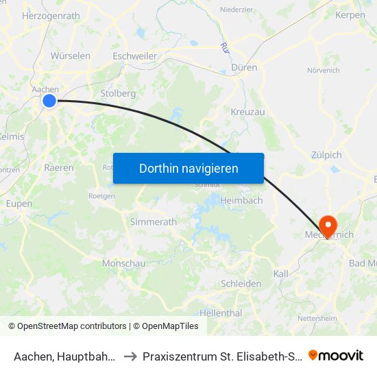 Aachen, Hauptbahnhof to Praxiszentrum St. Elisabeth-Straße map