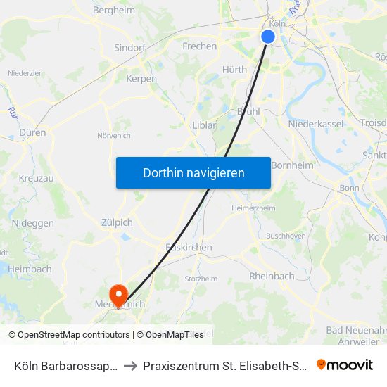 Köln Barbarossaplatz to Praxiszentrum St. Elisabeth-Straße map