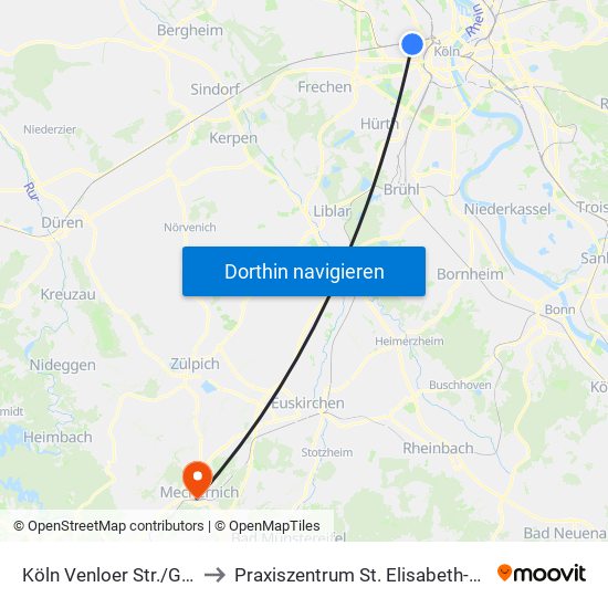 Köln Venloer Str./Gürtel to Praxiszentrum St. Elisabeth-Straße map