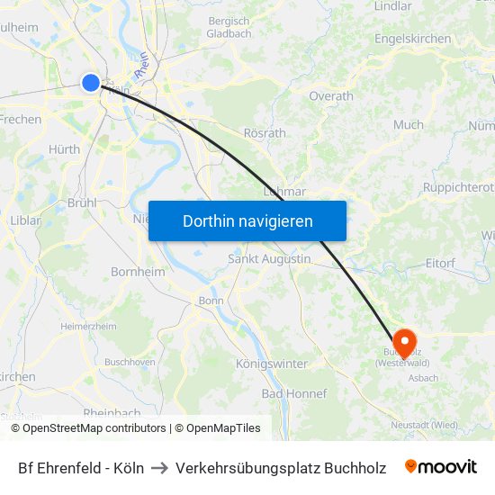 Bf Ehrenfeld - Köln to Verkehrsübungsplatz Buchholz map
