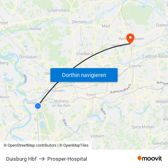Duisburg Hbf to Prosper-Hospital map