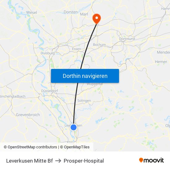 Leverkusen Mitte Bf to Prosper-Hospital map