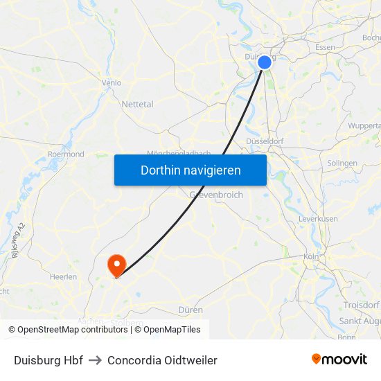 Duisburg Hbf to Concordia Oidtweiler map