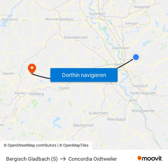 Bergisch Gladbach (S) to Concordia Oidtweiler map