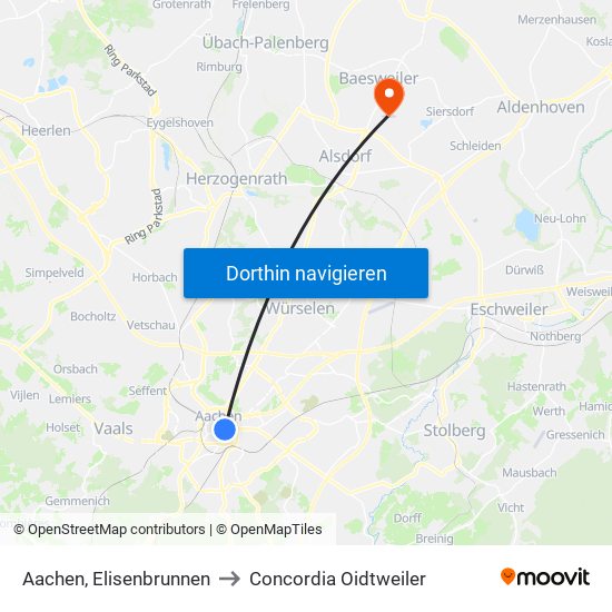 Aachen, Elisenbrunnen to Concordia Oidtweiler map