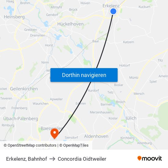 Erkelenz, Bahnhof to Concordia Oidtweiler map