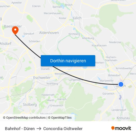 Bahnhof - Düren to Concordia Oidtweiler map