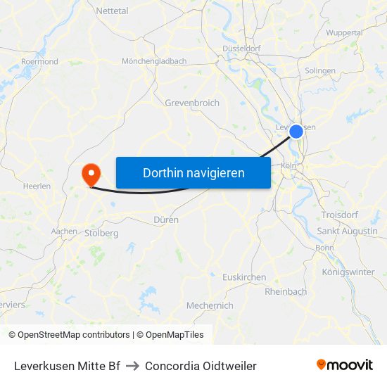 Leverkusen Mitte Bf to Concordia Oidtweiler map