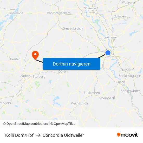 Köln Dom/Hbf to Concordia Oidtweiler map
