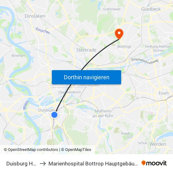 Duisburg Hbf to Marienhospital Bottrop Hauptgebäude map