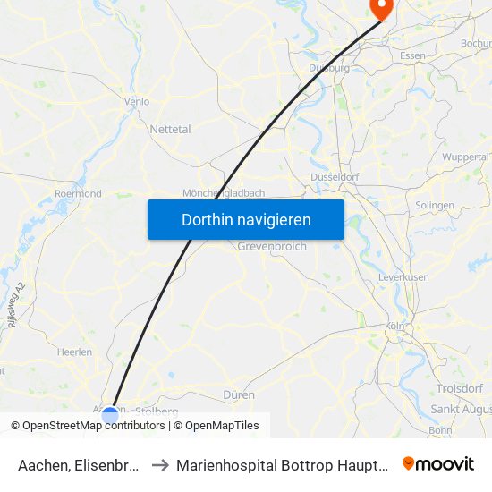 Aachen, Elisenbrunnen to Marienhospital Bottrop Hauptgebäude map