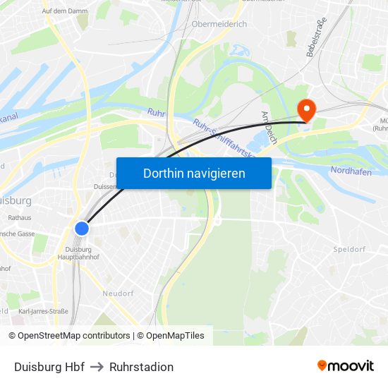 Duisburg Hbf to Ruhrstadion map