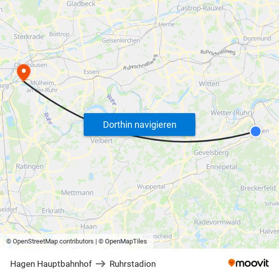 Hagen Hauptbahnhof to Ruhrstadion map