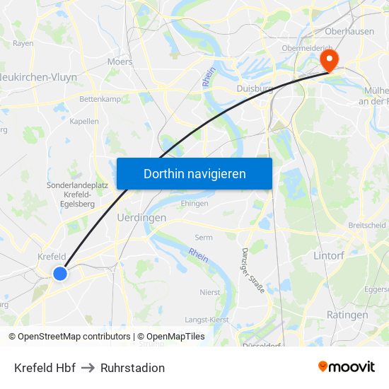 Krefeld Hbf to Ruhrstadion map