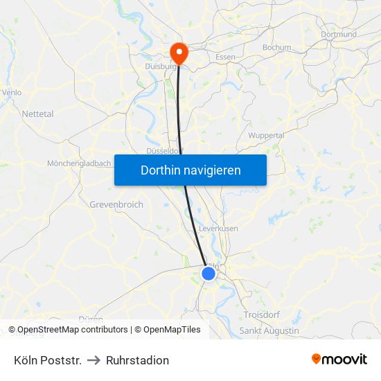 Köln Poststr. to Ruhrstadion map