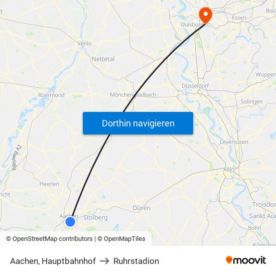 Aachen, Hauptbahnhof to Ruhrstadion map