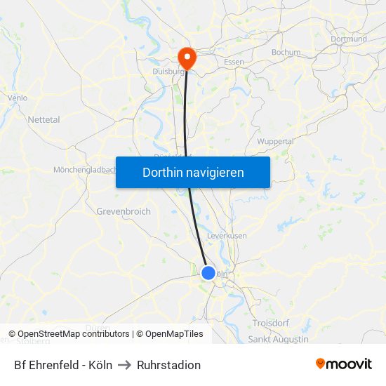 Bf Ehrenfeld - Köln to Ruhrstadion map