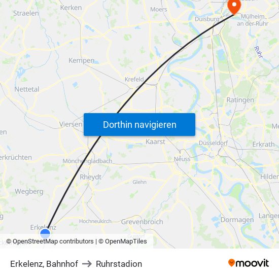 Erkelenz, Bahnhof to Ruhrstadion map