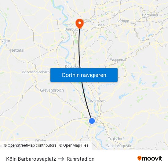 Köln Barbarossaplatz to Ruhrstadion map