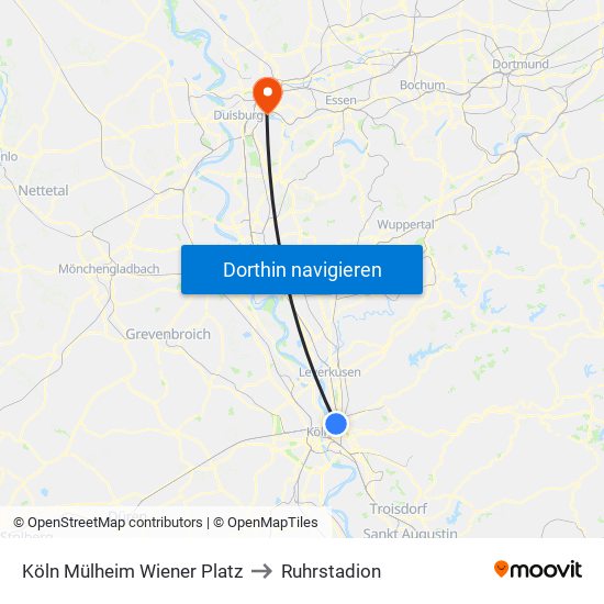 Köln Mülheim Wiener Platz to Ruhrstadion map