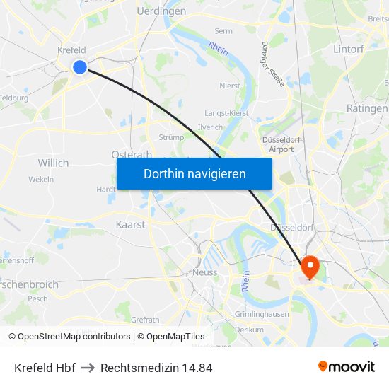 Krefeld Hbf to Rechtsmedizin 14.84 map