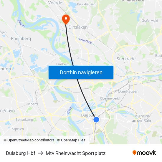 Duisburg Hbf to Mtv Rheinwacht Sportplatz map