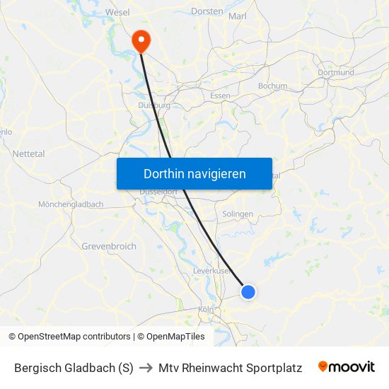 Bergisch Gladbach (S) to Mtv Rheinwacht Sportplatz map