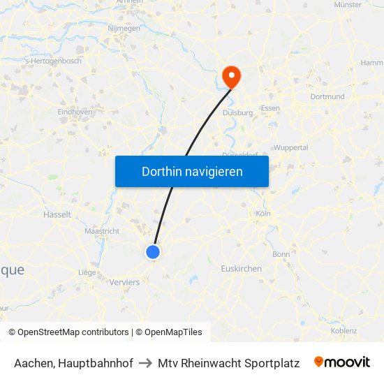 Aachen, Hauptbahnhof to Mtv Rheinwacht Sportplatz map