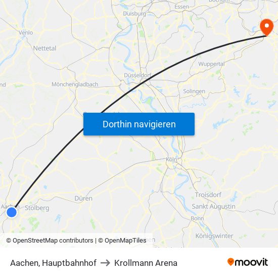 Aachen, Hauptbahnhof to Krollmann Arena map