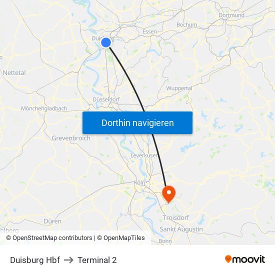 Duisburg Hbf to Terminal 2 map