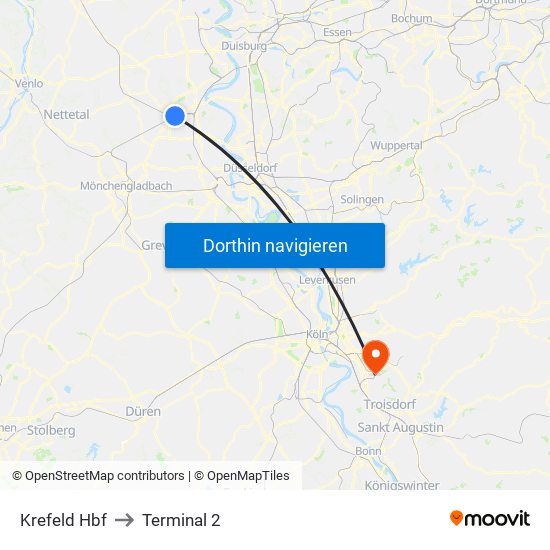 Krefeld Hbf to Terminal 2 map