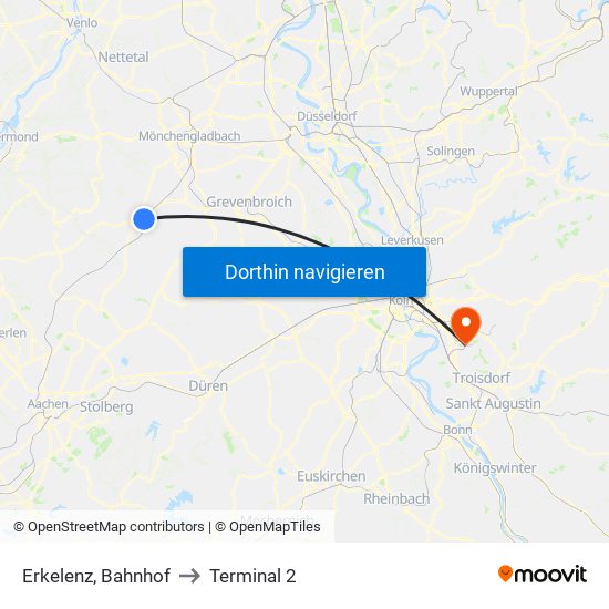 Erkelenz, Bahnhof to Terminal 2 map