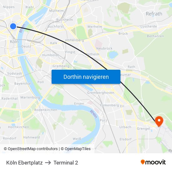 Köln Ebertplatz to Terminal 2 map