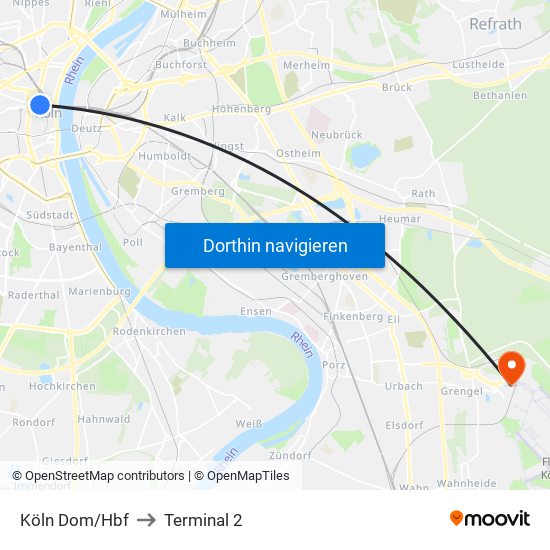 Köln Dom/Hbf to Terminal 2 map